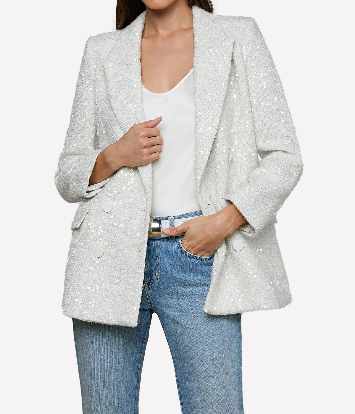 Cambrie Oversized Blazer in White Tweed & Clear Sequin