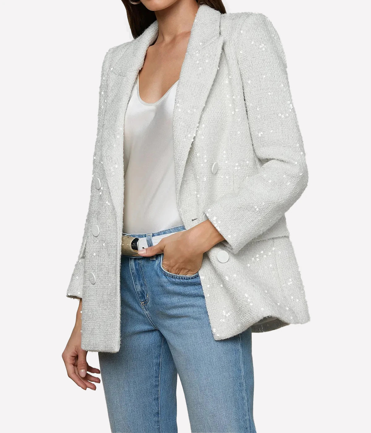 Cambrie Oversized Blazer in White Tweed & Clear Sequin