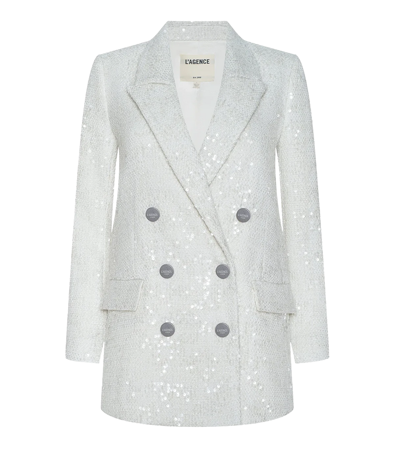Cambrie Oversized Blazer in White Tweed & Clear Sequin