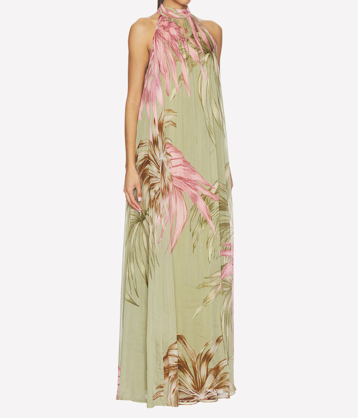 Long dress with pink and brown floral pattern on a white background