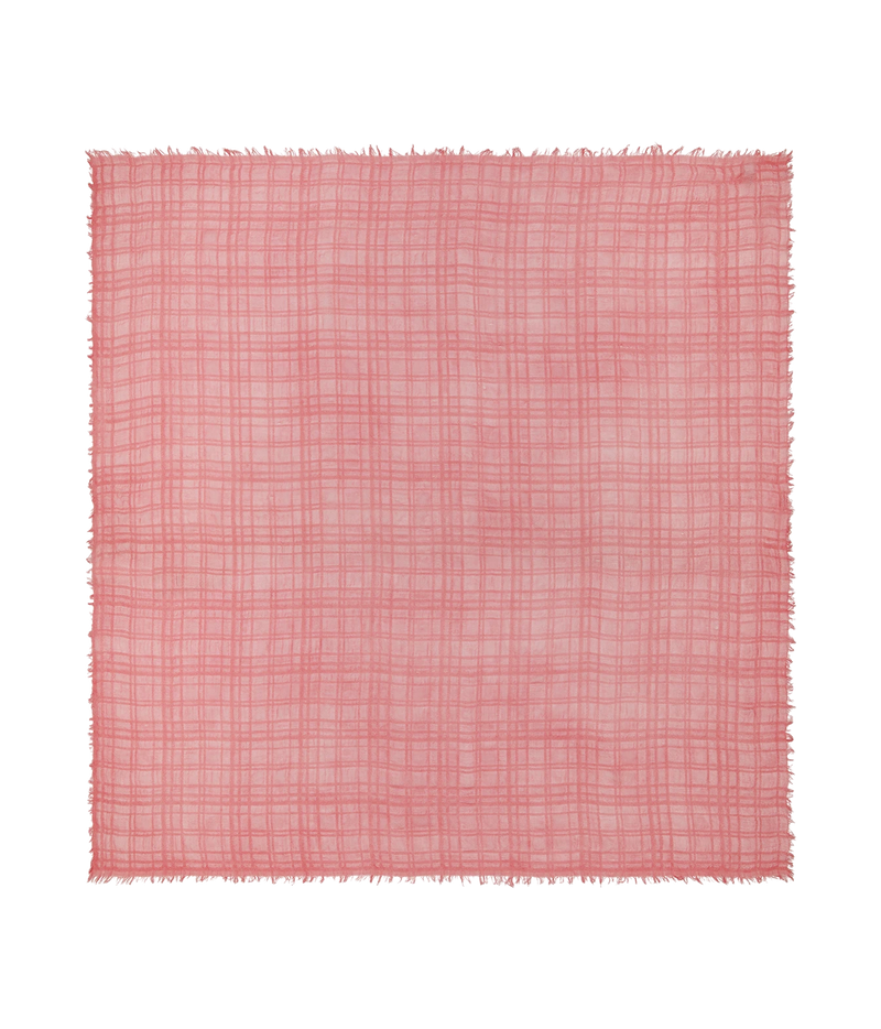 A square pink woven fabric with a subtle plaid pattern and frayed edges, displayed flat against a solid white background.