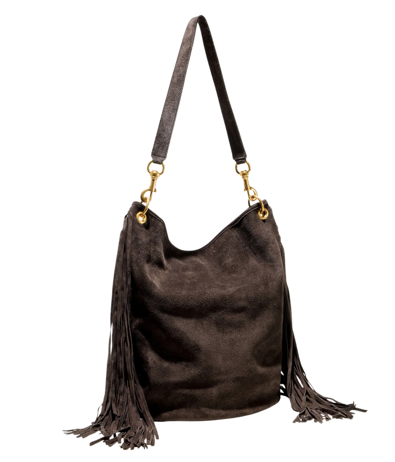 A dark brown suede slouchy shoulder bag with long fringe tassels on the bottom and gold-tone hardware, shown against a plain white background.