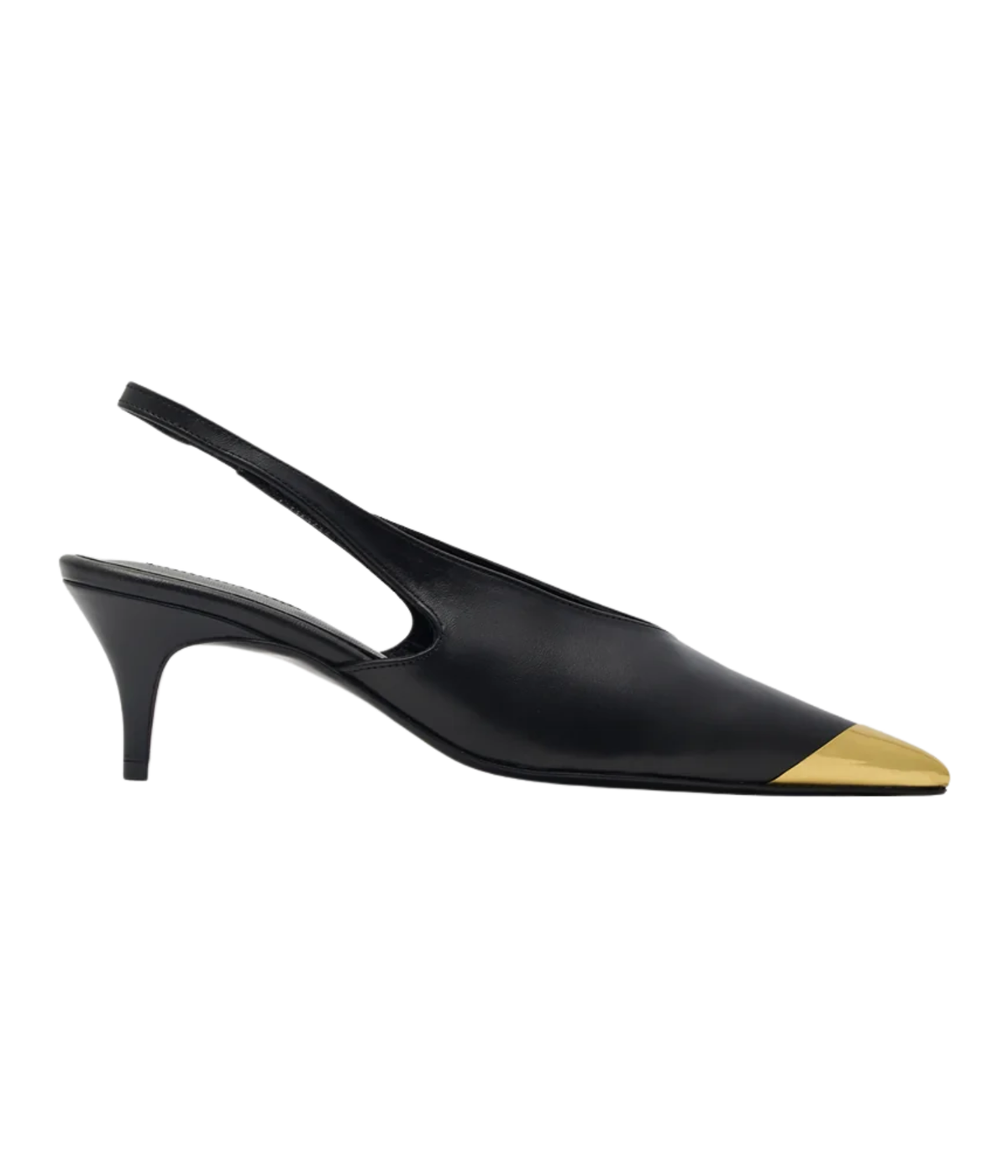 Side profile of the Anine Bing Nelly Slingback Metal Toe in Black, showing the pointed gold metal toe cap, low kitten heel and slim slingback strap