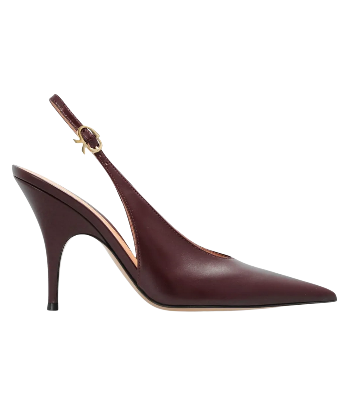 Side profile of the Gianvito Rossi Sofia Sling 70 in Bourgogne, showing the sharply pointed toe, deep open side, slim stiletto heel and slender slingback strap with gold buckle