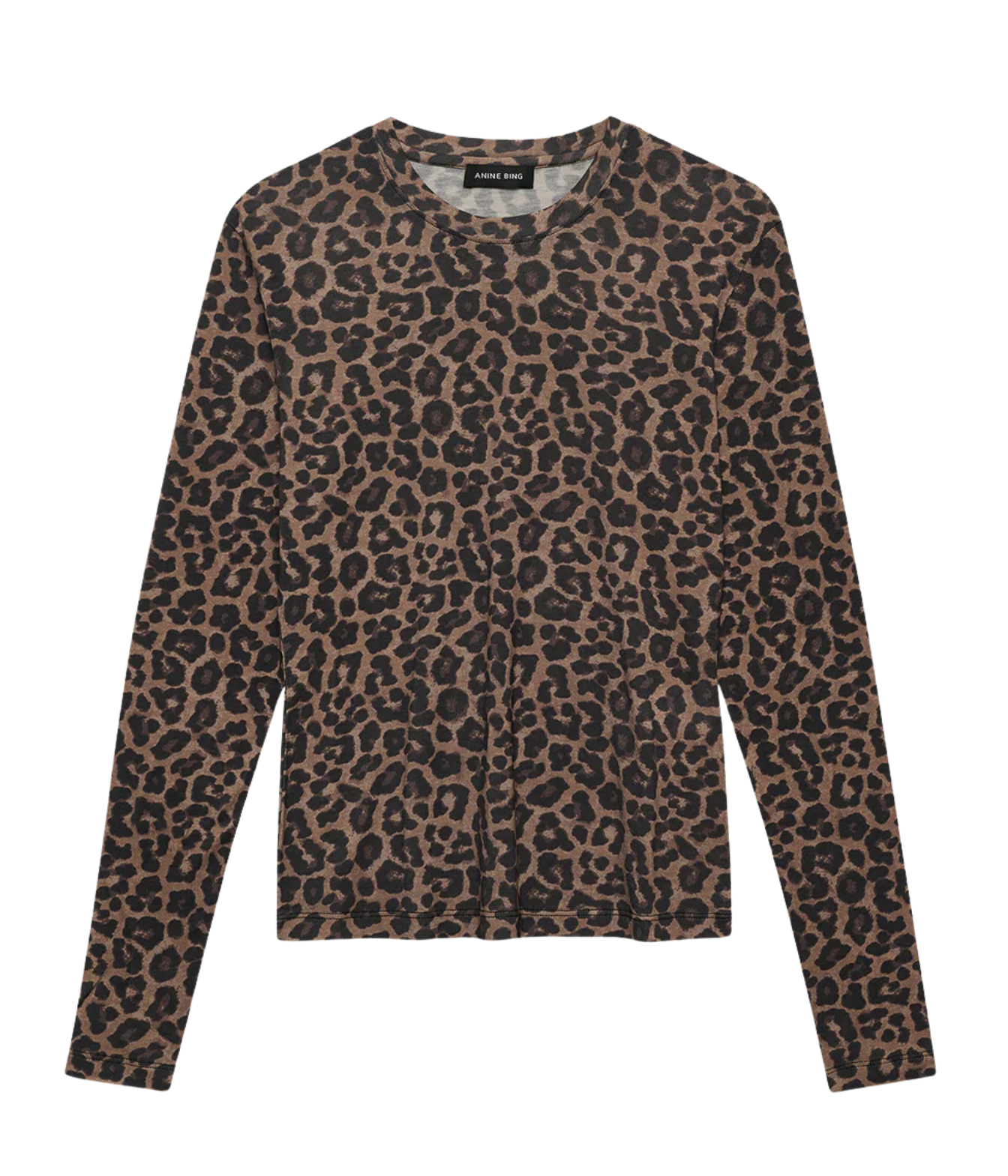 A long-sleeve crewneck top featuring a brown and black leopard print pattern, presented flat against a solid white background.