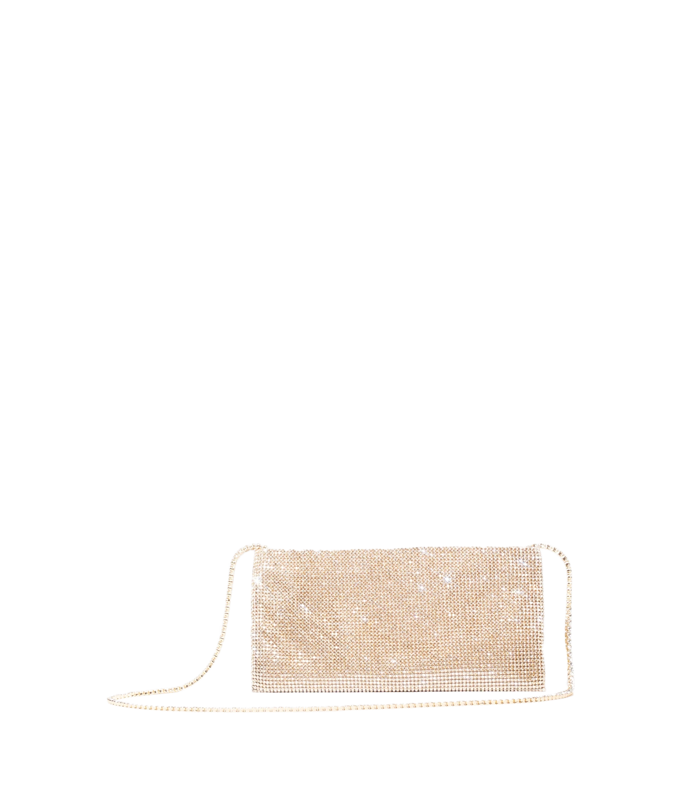 A rectangular evening clutch bag covered in shimmering rhinestones, featuring a thin rhinestone-embellished shoulder strap, displayed against a solid white background.
