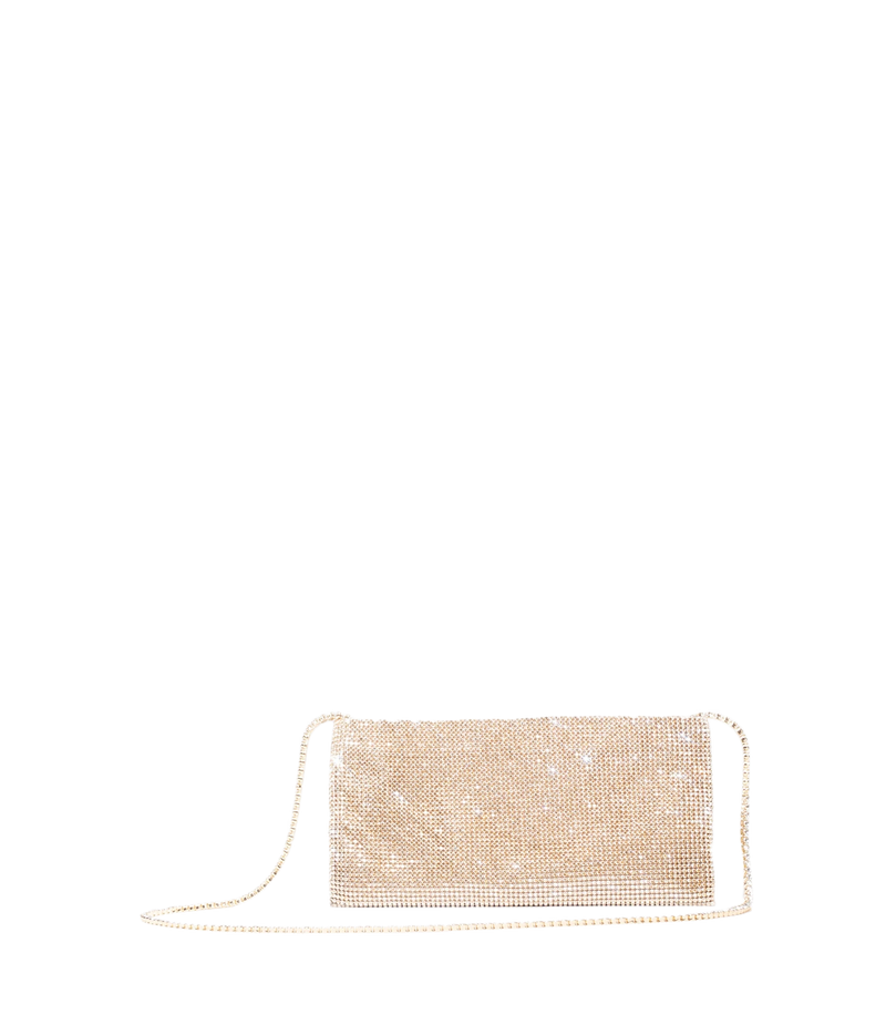 A rectangular evening clutch bag covered in shimmering rhinestones, featuring a thin rhinestone-embellished shoulder strap, displayed against a solid white background.