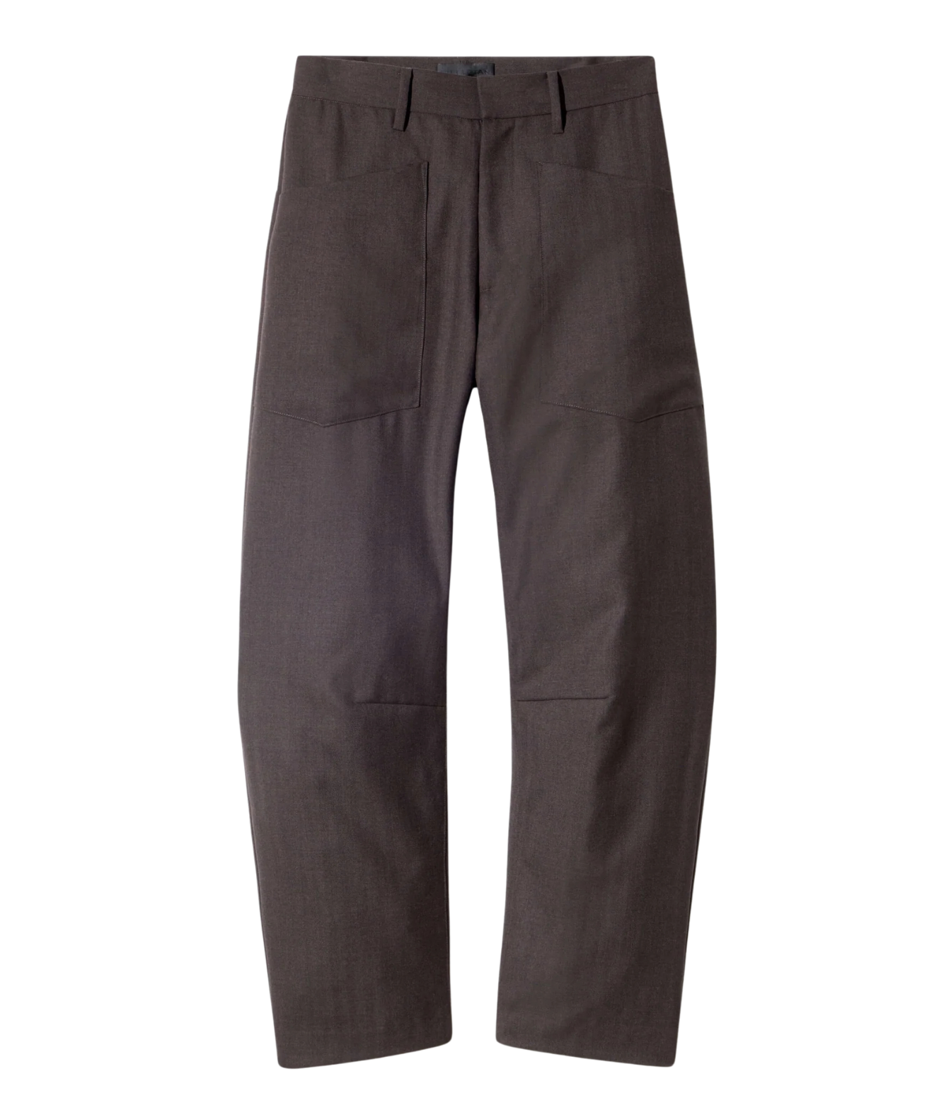 A pair of dark brown work pants with a textured fabric, featuring a straight-leg fit, belt loops, and front utility pockets, shown against a plain white background.