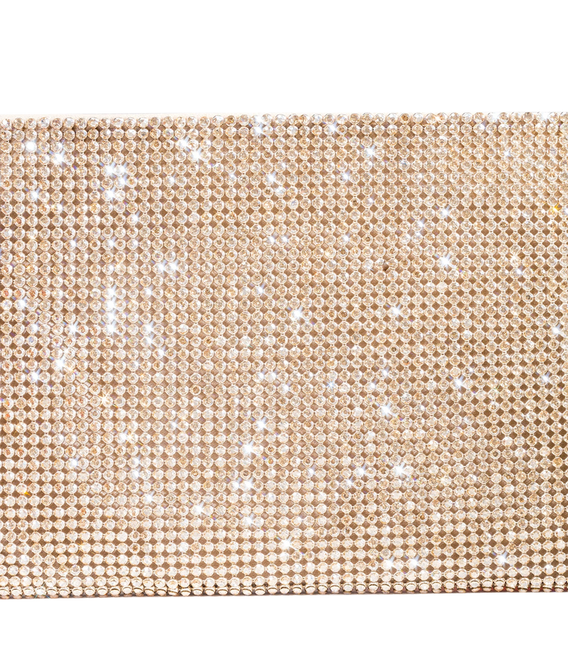 A close-up of a champagne gold rhinestone-embellished clutch or pouch, showing the sparkling texture against a white background.