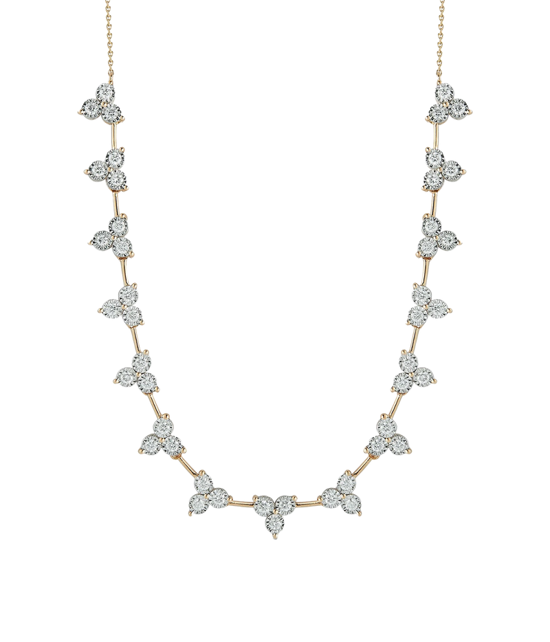 Dana Rebecca Designs Ava Bea Interval Trio Tennis Necklace in 14k Yellow Gold laid flat, showing the trio diamond clusters spaced evenly along a fine gold chain