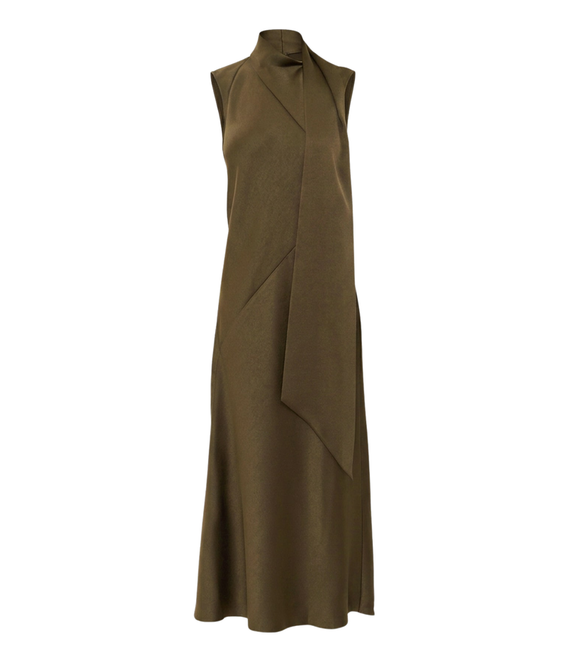 Vince Draped Scarf Tie Dress In Cypress shown on its own, featuring the sleeveless cut, high neck and long scarf tie draping down the front to a maxi hem