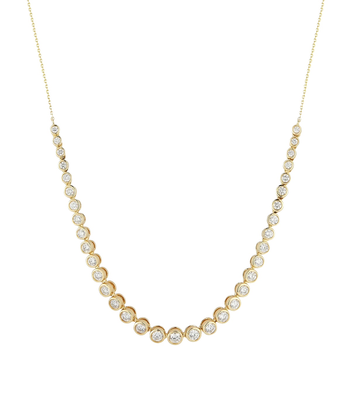 Dana Rebecca Designs Lulu Jack Graduating Bezel Tennis Necklace in 14k Yellow Gold laid flat, showing bezel-set diamonds that increase in size towards the centre