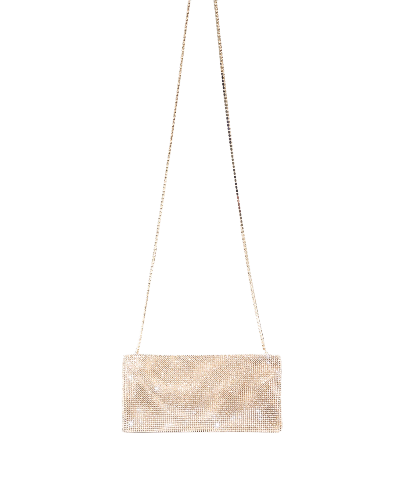 A rectangular evening clutch bag covered in shimmering rhinestones, suspended from a delicate gold-tone chain strap against a solid white background.