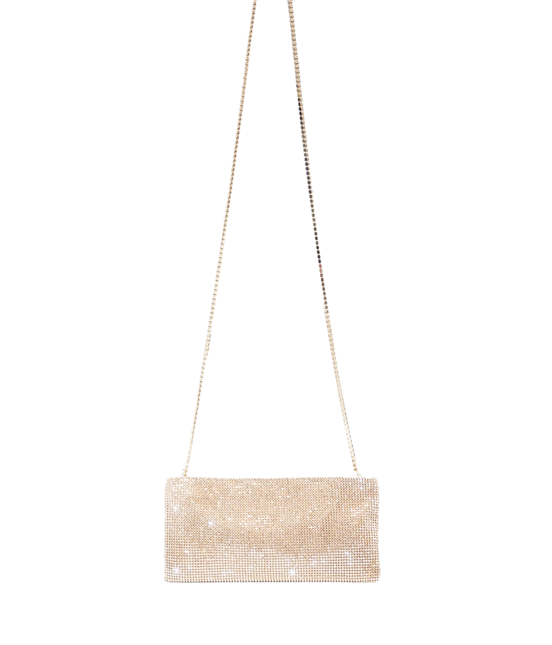 A rectangular evening clutch bag covered in shimmering rhinestones, suspended from a delicate gold-tone chain strap against a solid white background.