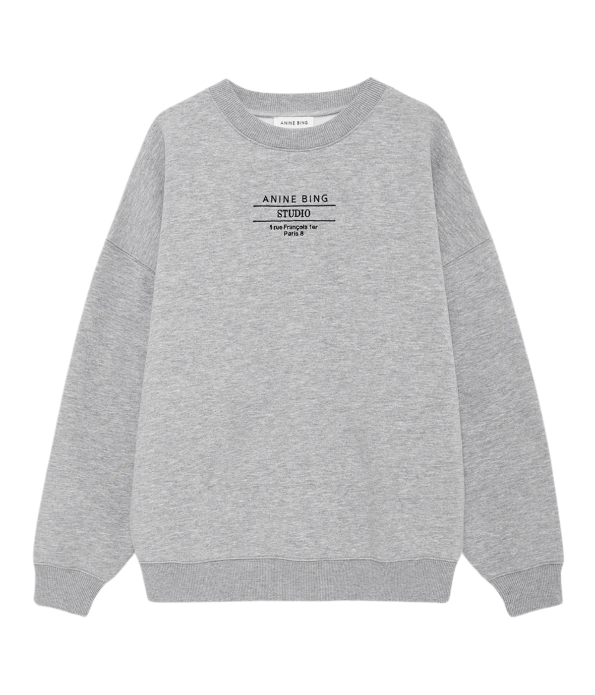 A light gray heather crewneck sweatshirt with a black graphic print on the chest