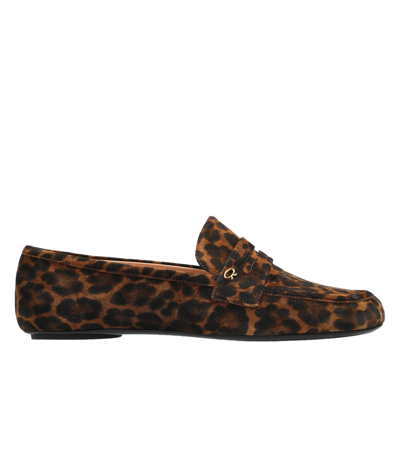 ALT Text: Gianvito Rossi Giorgia loafers in leopard print, featuring a rounded toe, gold logo, soft-textured suede/velour outer, and rubber sole, made in Italy.