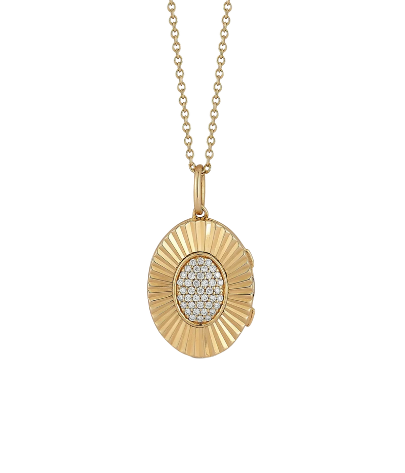 Dana Rebecca Designs Teddi Paige Oval Locket Necklace in 14k Yellow Gold front view, showing the fluted sunburst gold frame and pavé diamond oval centre on a fine cable chain