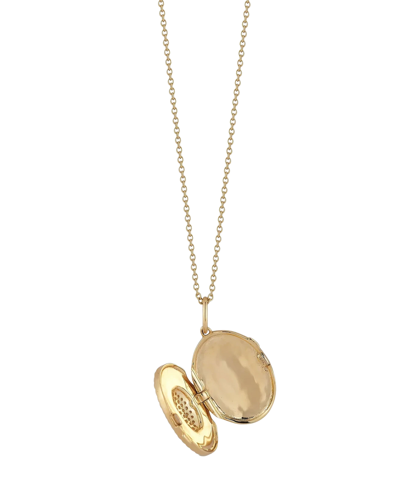 Dana Rebecca Designs Teddi Paige Oval Locket Necklace in 14k Yellow Gold shown open, revealing the hinged interior of the locket