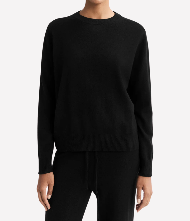 Soft Goat Cashmere Round Neck Sweater in Black – Front View