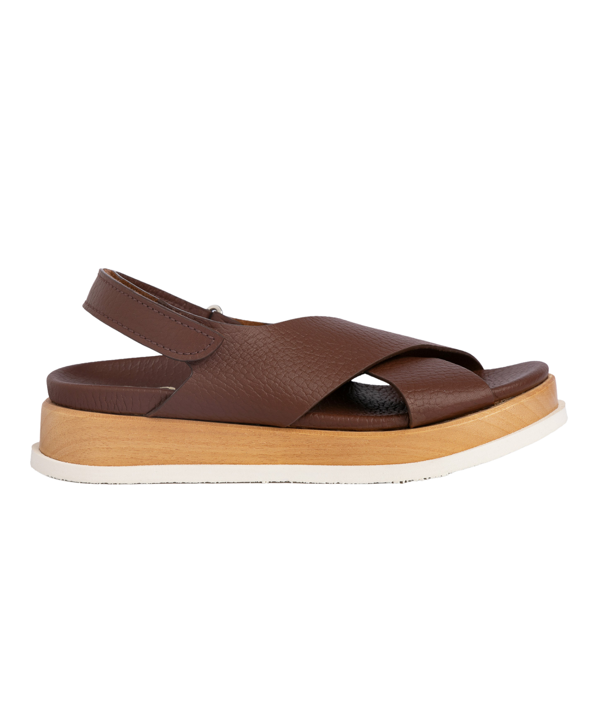 A brown leather platform sandal with wide crisscrossing straps and a slingback strap, Barna In Chestnut Cervo-Light Pine