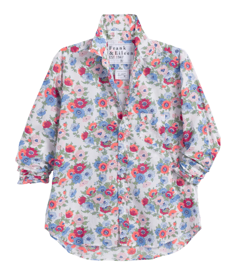 Eileen Woven Button Up Shirt In Pink Red Blue Flowers
