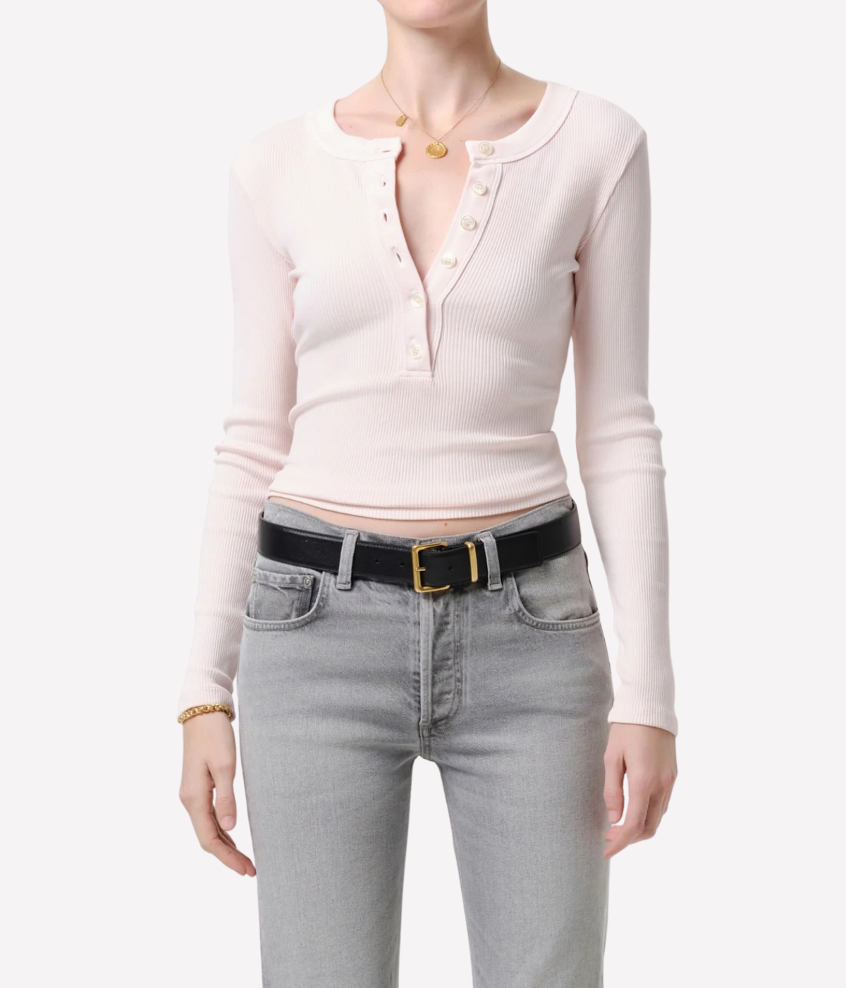 Citizens of Humanity Varra Henley Organic Cotton Top in Pink Peppercorn, front view styled with grey jeans.