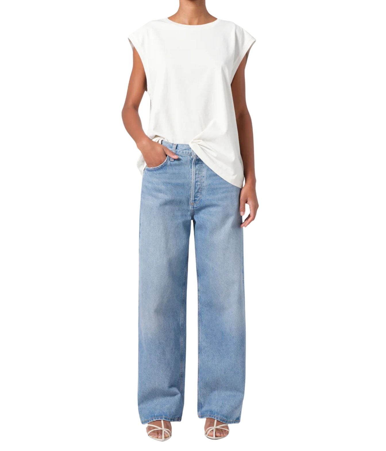 A pair of low-slung baggy jeans in organic cotton, featuring a relaxed fit that sits low on the hips. The jeans have a baggy straight leg, a longer inseam, and a soft, worn-in look. 