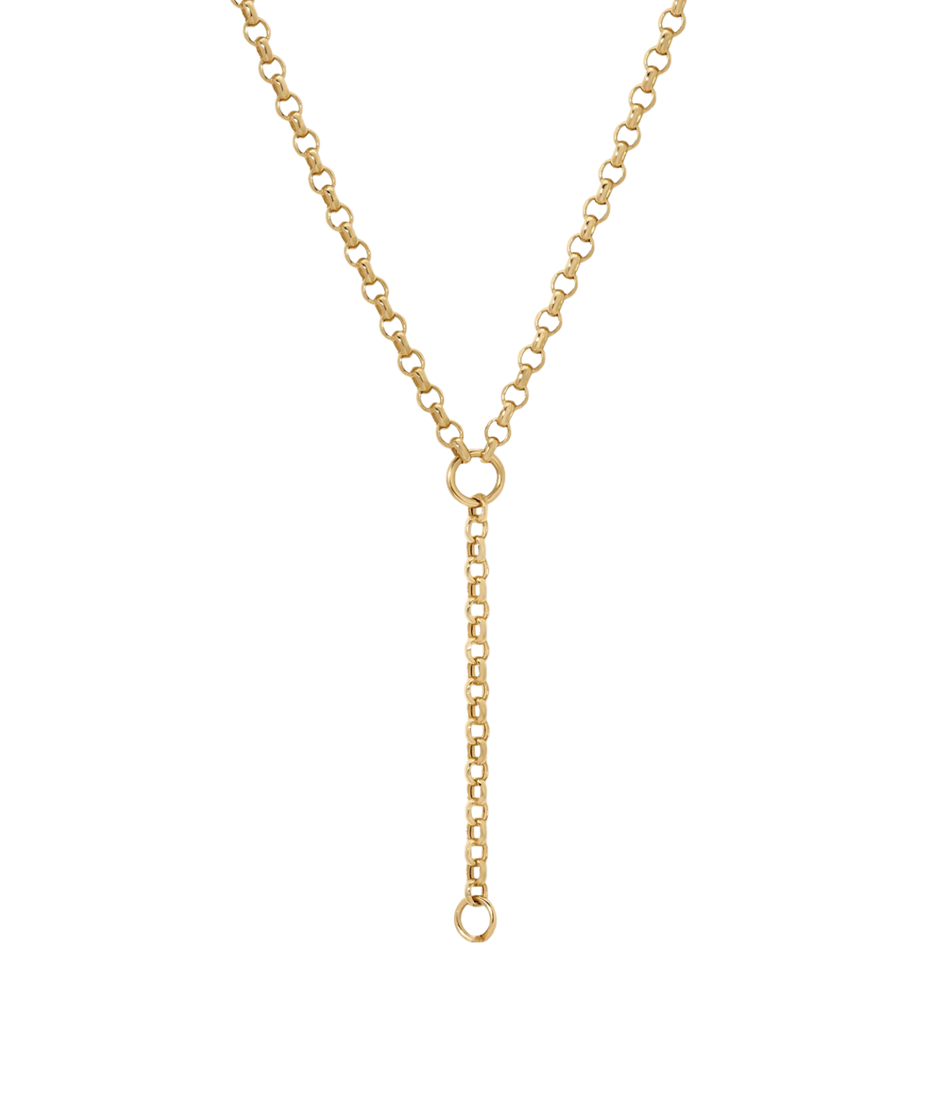 A gold Y-necklace with a short drop chain and circular ring details, shown on a plain white background.