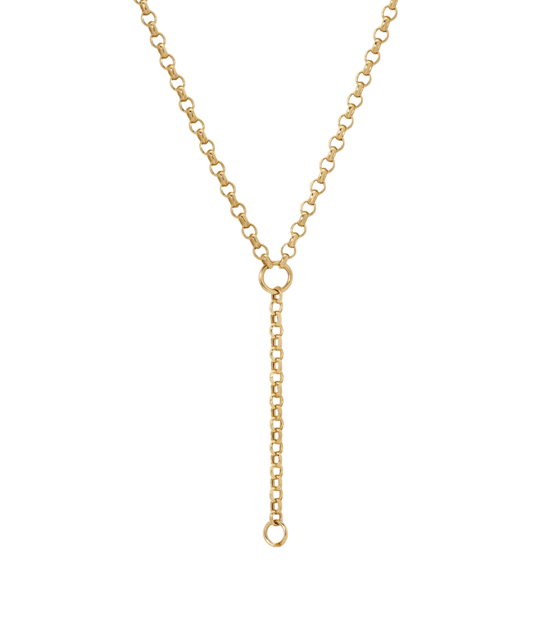 A gold Y-necklace with a short drop chain and circular ring details, shown on a plain white background.