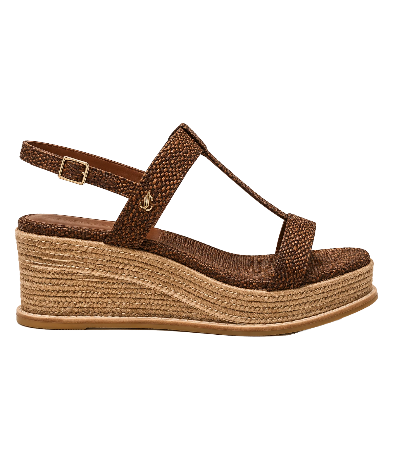A single women's wedge sandal in brown textured material with a braided jute platform heel and a small gold buckle on the ankle strap, shown from a side profile against a white background.