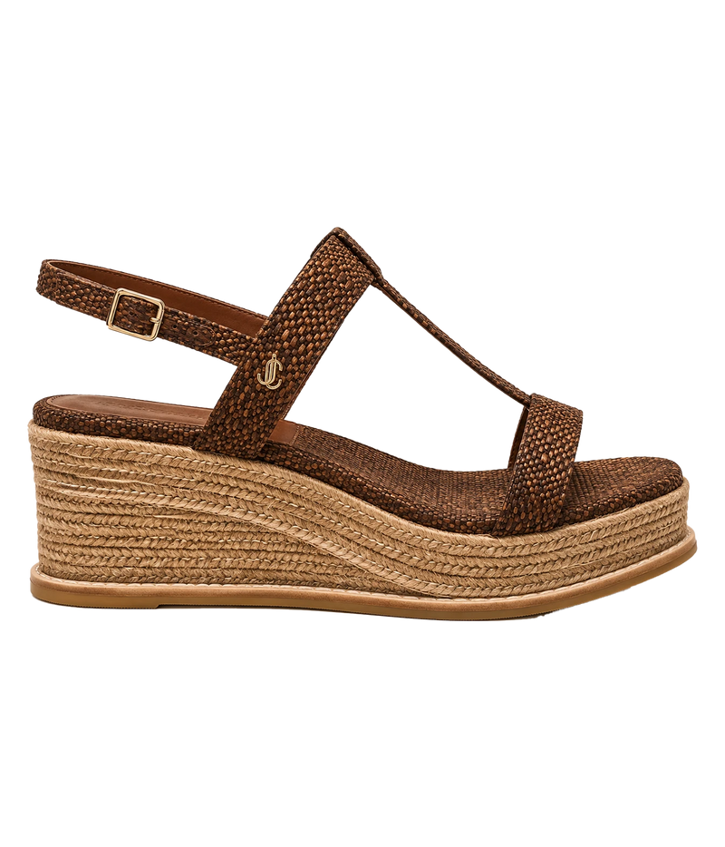 A single women's wedge sandal in brown textured material with a braided jute platform heel and a small gold buckle on the ankle strap, shown from a side profile against a white background.