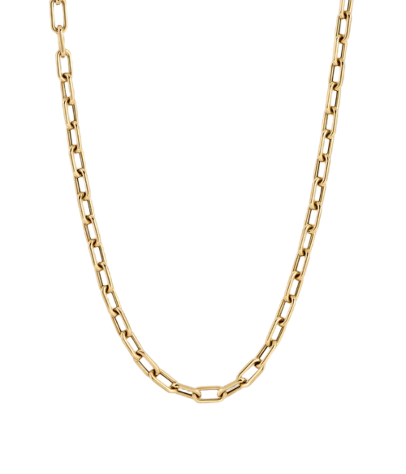 A gold paperclip chain necklace displayed against a solid white background.