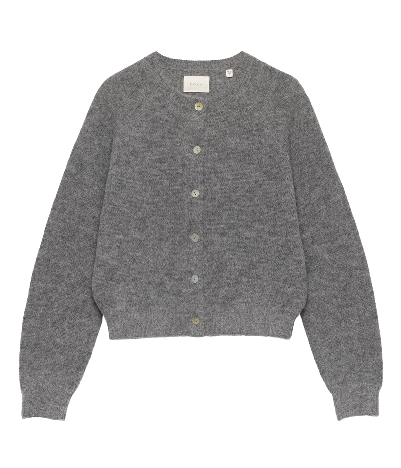 A gray knit cardigan sweater with a button-up front, laid flat against a white background.