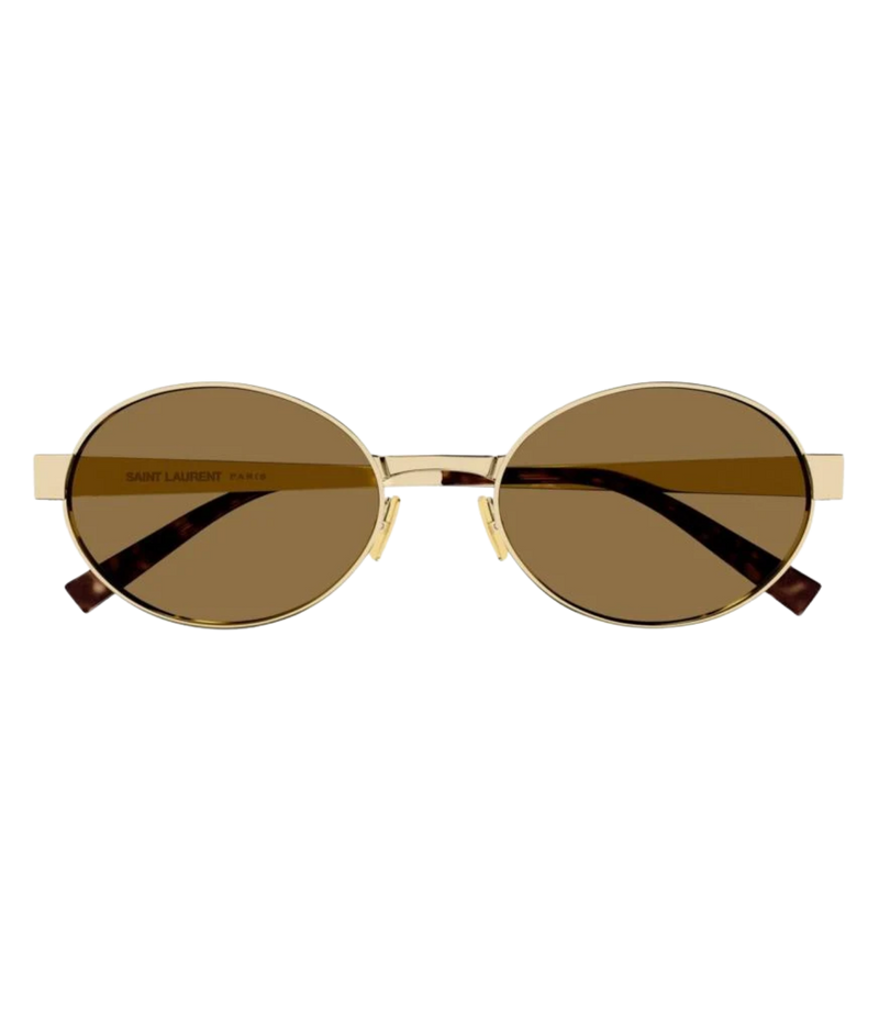 Front view of Saint Laurent SL 692 Oval Metal Sunglasses in Gold Brown with brown lenses
