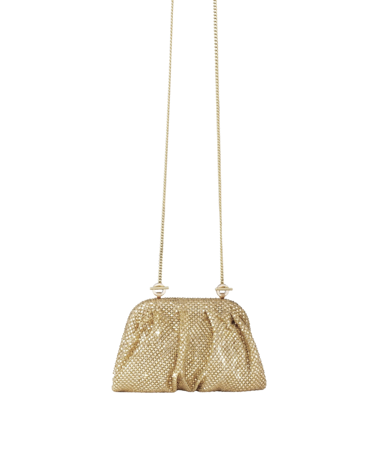 A gold metallic mesh shoulder bag with a gathered, pleated design and a thin gold chain strap, shown against a plain white background.