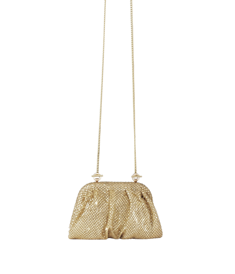 A gold metallic mesh shoulder bag with a gathered, pleated design and a thin gold chain strap, shown against a plain white background.