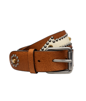 Calexico Hutton Belt in Cognac, coiled, showing the cognac leather, stud detailing and metal buckle