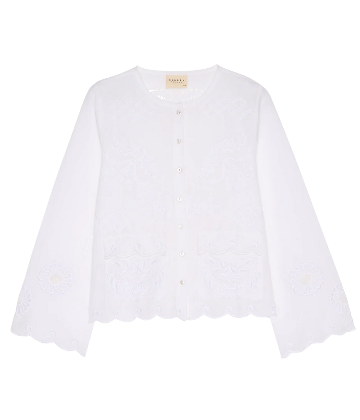 Sissel Edelbo Ester Shirt in Ecru shown from the front, with a button-through placket, long wide sleeves and a scalloped cutwork embroidered hem
