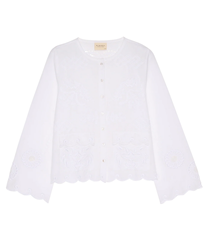 Sissel Edelbo Ester Shirt in Ecru shown from the front, with a button-through placket, long wide sleeves and a scalloped cutwork embroidered hem