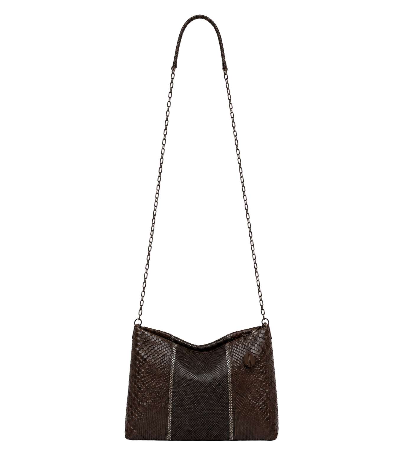 A dark brown snakeskin-patterned shoulder bag with a wavy top edge, featuring two vertical silver-tone chain-link panels and a matching brown leather shoulder strap, shown against a plain white background.