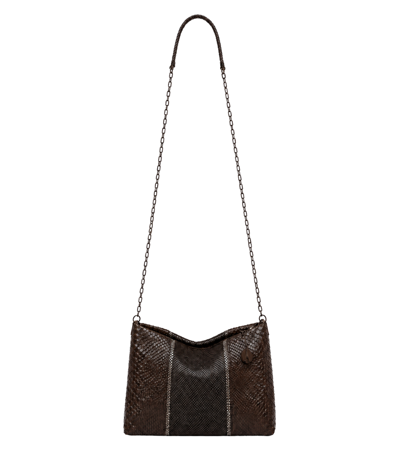 A dark brown snakeskin-patterned shoulder bag with a wavy top edge, featuring two vertical silver-tone chain-link panels and a matching brown leather shoulder strap, shown against a plain white background.