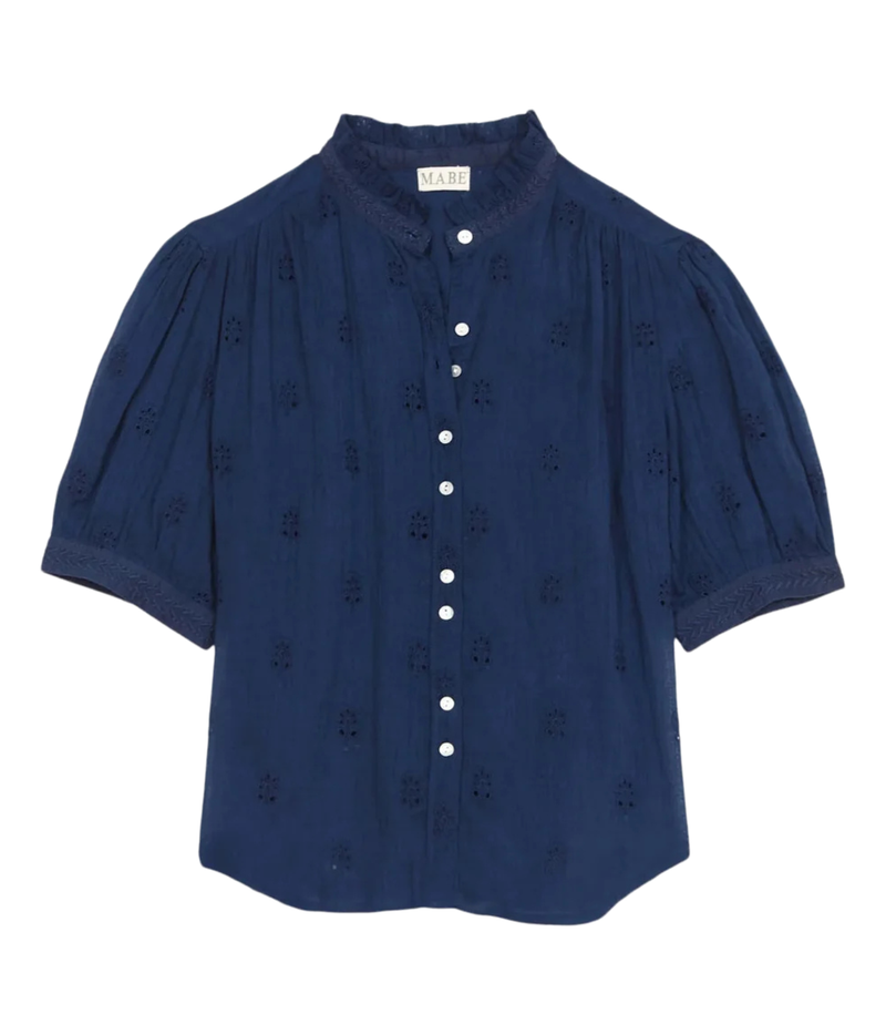 M.A.B.E Frani Embroidered Short Sleeve Top in Indigo – flat lay