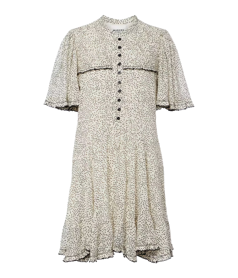 Isabel Marant Daynia Cotton Mini Dress in Ecru Black, front product view highlighting the polka dot print, button front and scalloped trims.