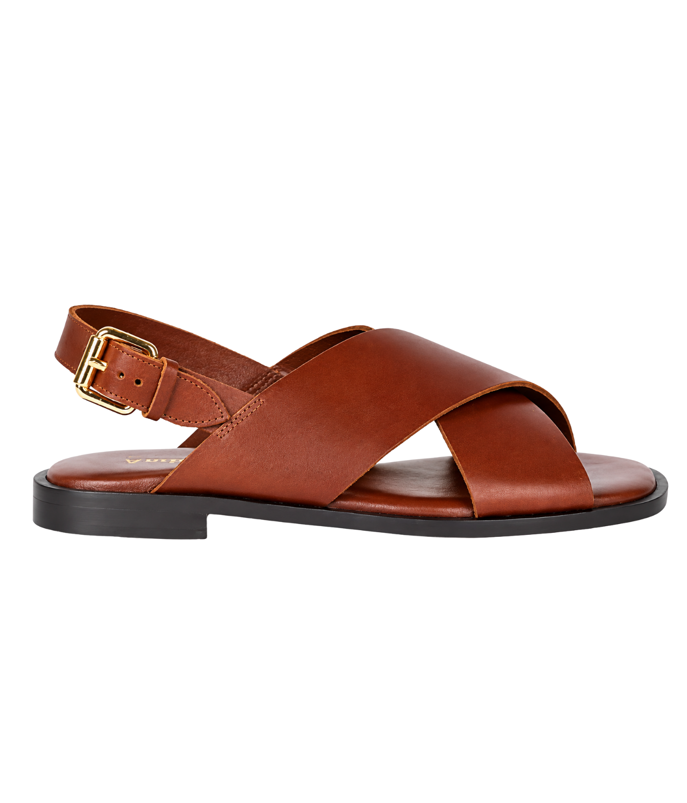 Anthology Paris - Irina Sandal in Tan - large crossover straps in tan leather low flats with back strap and gold buckle