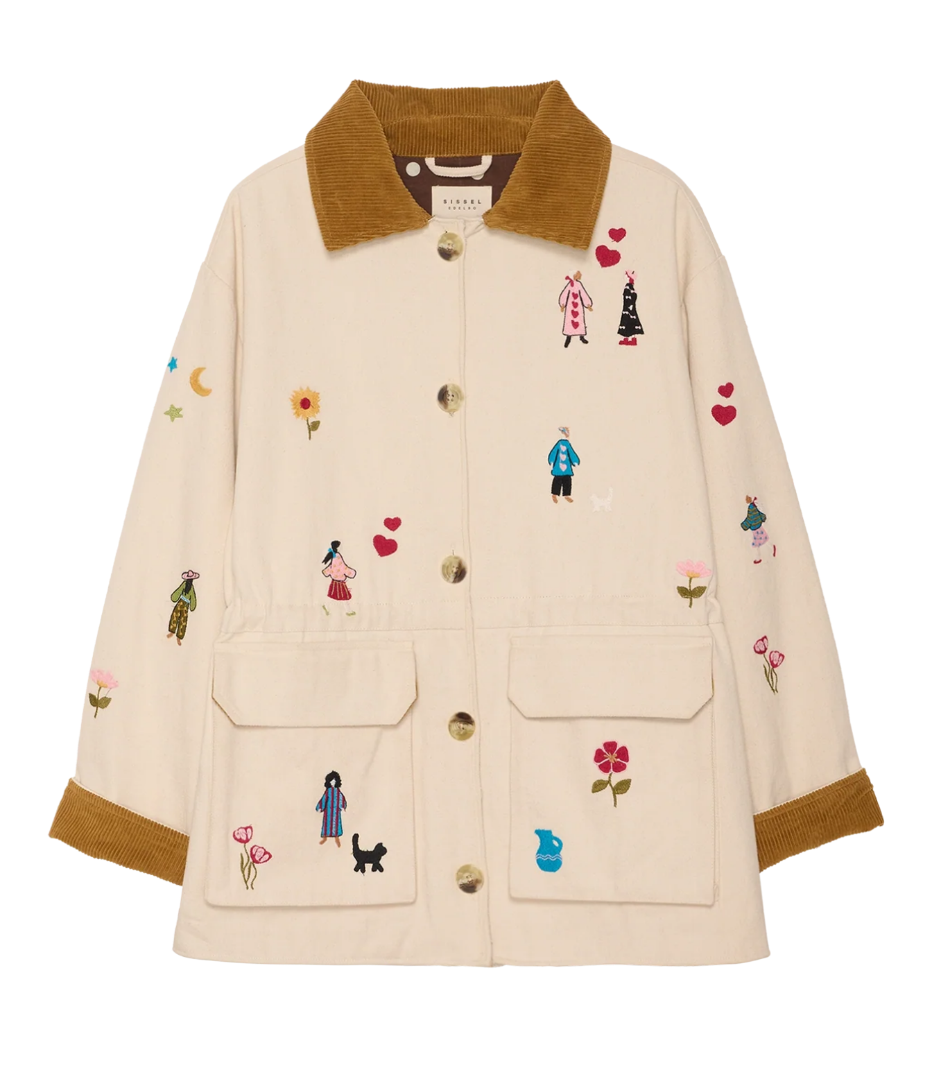 A cream-colored button-up jacket with a brown corduroy collar and cuffs, featuring embroidered whimsical characters, flowers, and hearts across the front, with two front patch pockets.