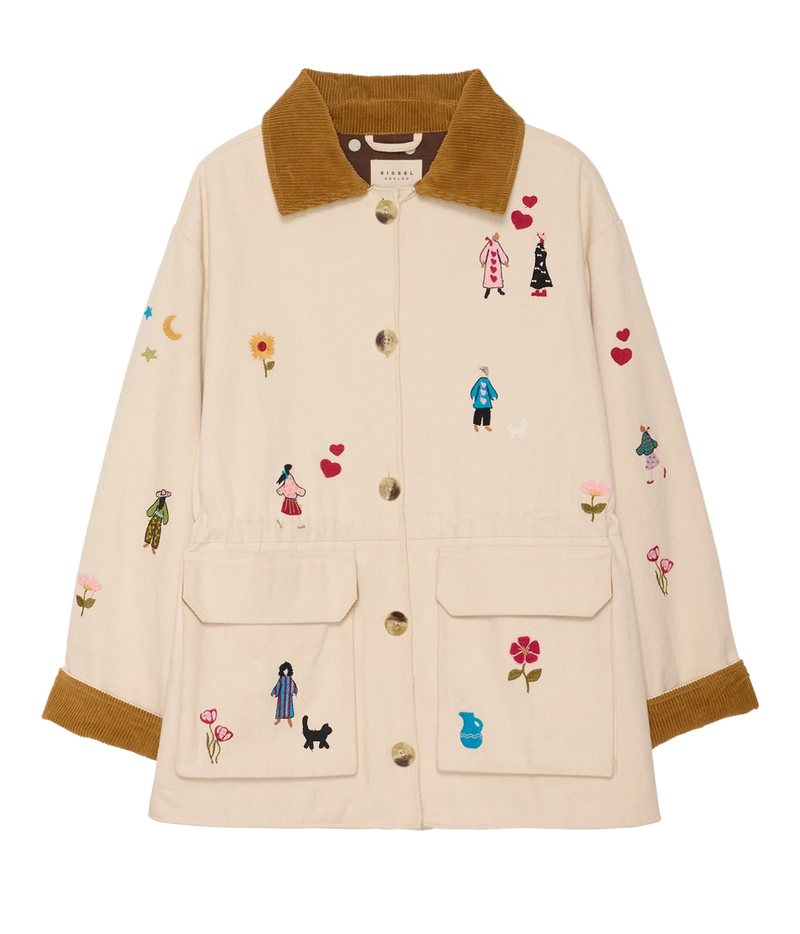 A cream-colored button-up jacket with a brown corduroy collar and cuffs, featuring embroidered whimsical characters, flowers, and hearts across the front, with two front patch pockets.