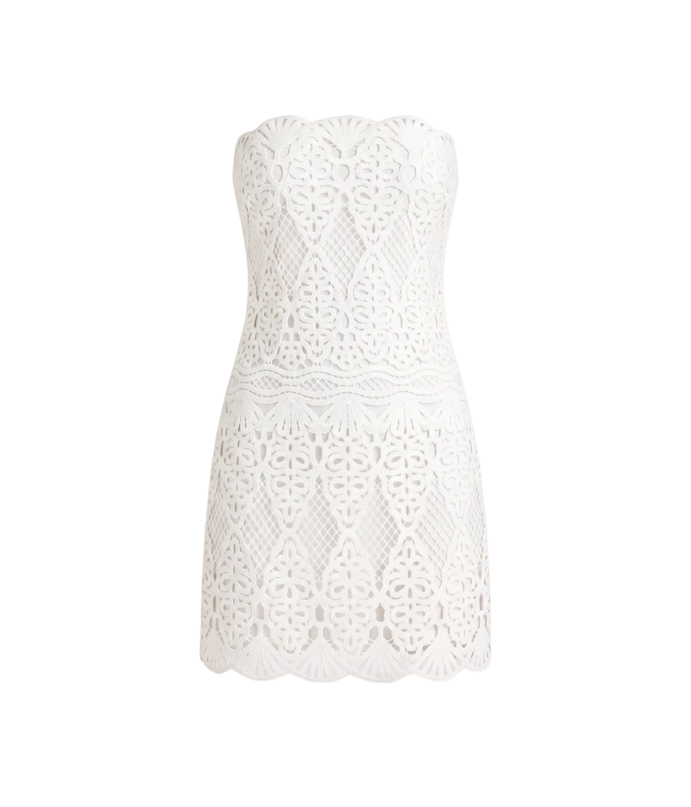 White strapless eyelet lace mini dress with a scalloped hem, shown against a plain white background.