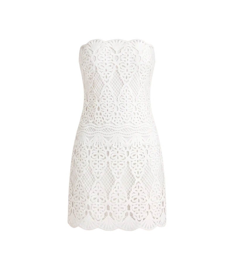 White strapless eyelet lace mini dress with a scalloped hem, shown against a plain white background.