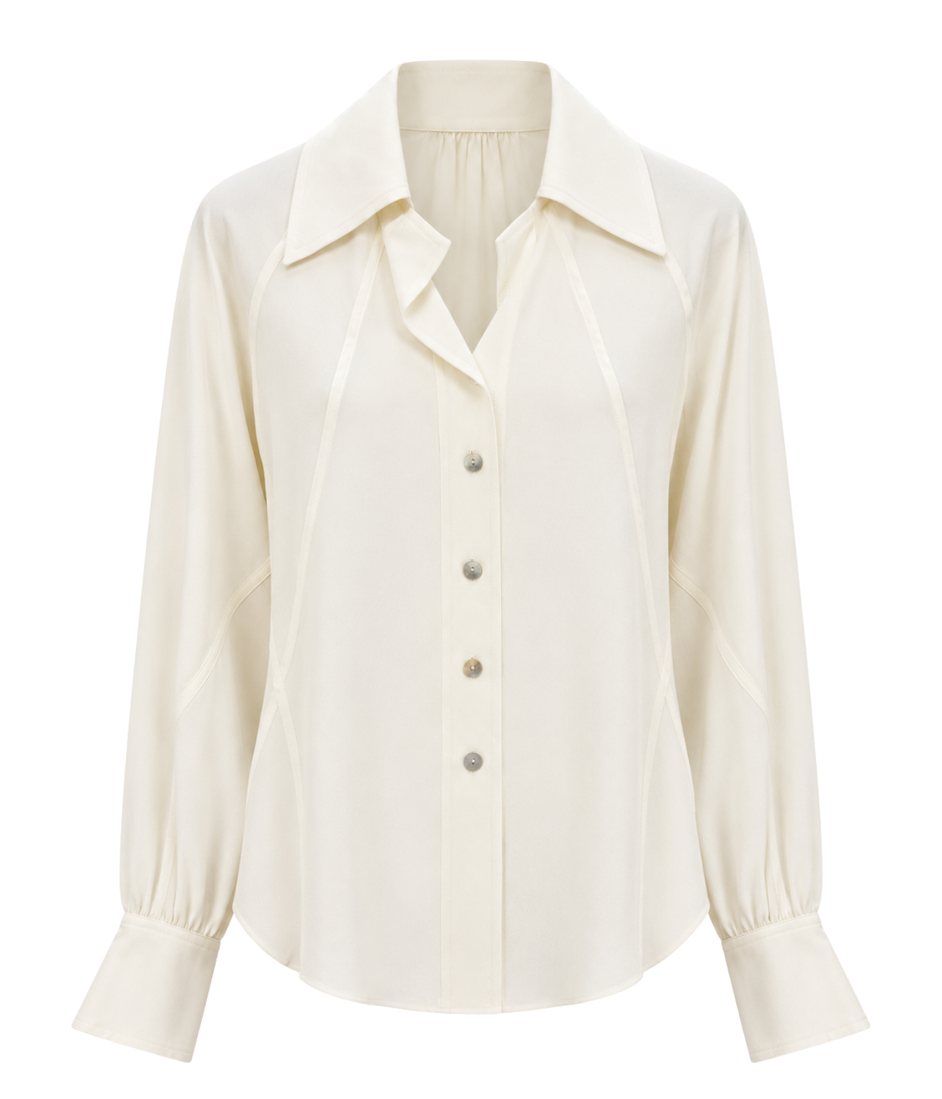 An off-white long-sleeve blouse with a pointed collar, button-down front, and gathered elbow-length sleeves, shown on a plain white background.