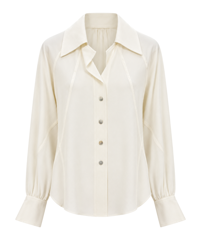 An off-white long-sleeve blouse with a pointed collar, button-down front, and gathered elbow-length sleeves, shown on a plain white background.